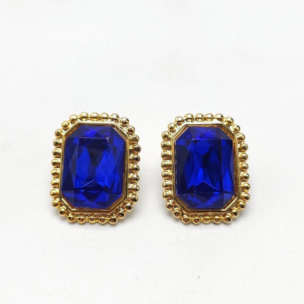 Vintage Gold Tone 1980s Earrings With Blue Glass Gemstones Rectangular Design
